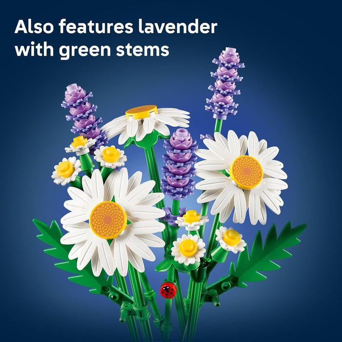 Model of flowers with lavender and daisies on a blue background