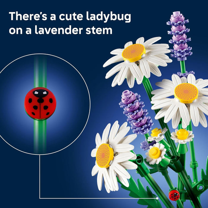 LEGO flowers and ladybug on a blue background with text.