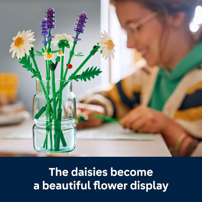 Child arranging flowers in a jar with text overlay