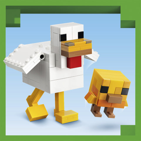 Two block-built toy animals made from interlocking bricks: a large white chicken with yellow legs and beak, and a smaller yellow duckling with orange and brown accents, shown on a light blue background with green corner accents.