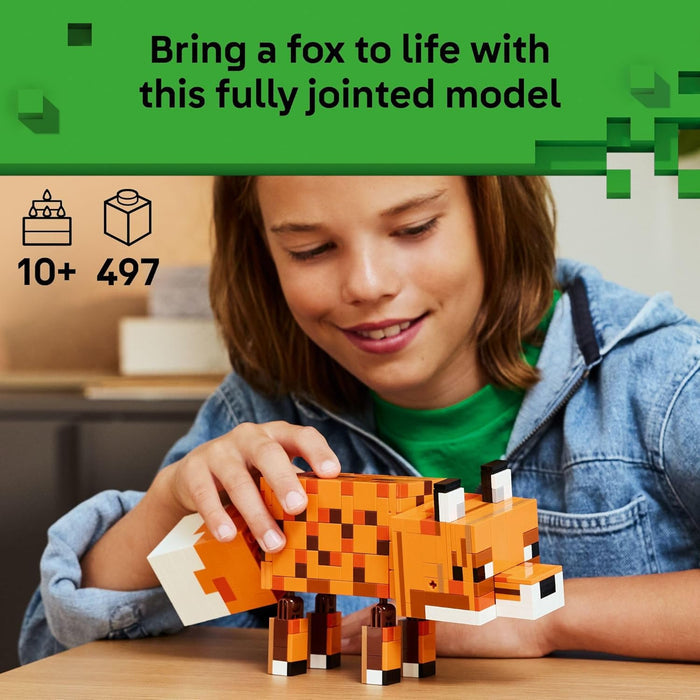 Child playing with a fox-shaped building block set on a table, with text about the product.