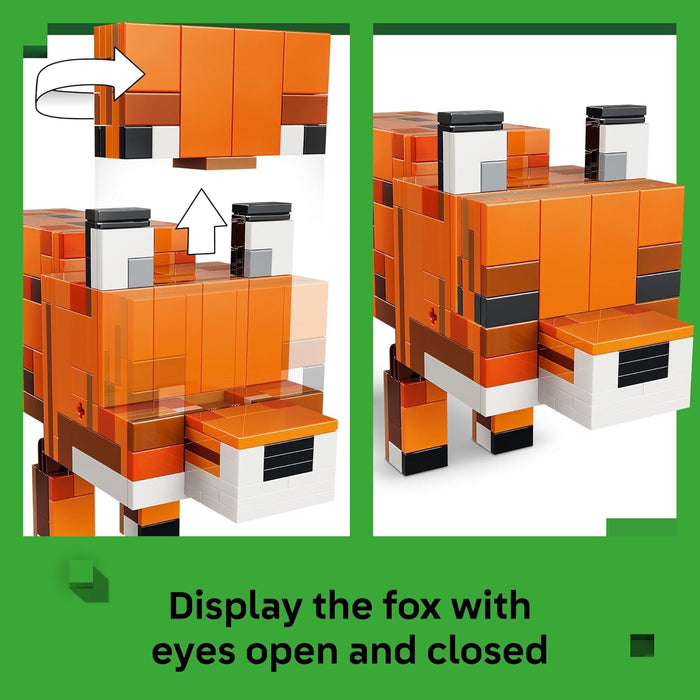 Instructions for displaying a fox made of interlocking bricks with open and closed eyes.