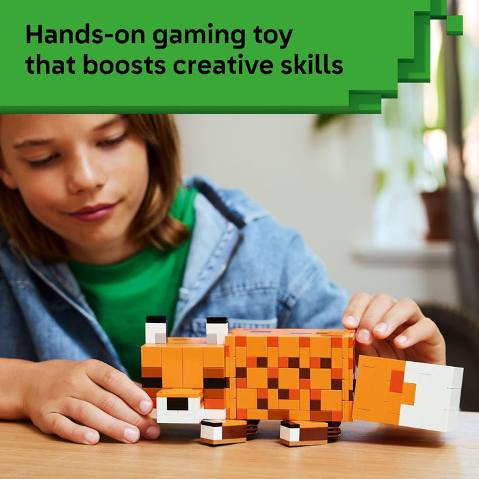 Child playing with a pixelated toy fox on a wooden table, with text about creative skills boost.