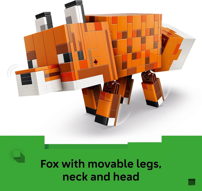 Toy fox made of interlocking bricks with movable parts on a white background