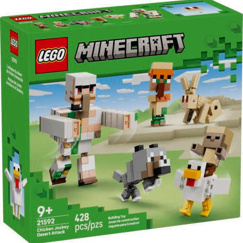 LEGO Minecraft Chicken Jockey Desert Attack set packaging with characters on a green background