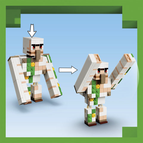 A toy building-block figure shown in two views on a light blue gradient background with green corner accents. The left view shows the back of the figure with a white arrow pointing down, and the right view shows the front with a white arrow pointing right.