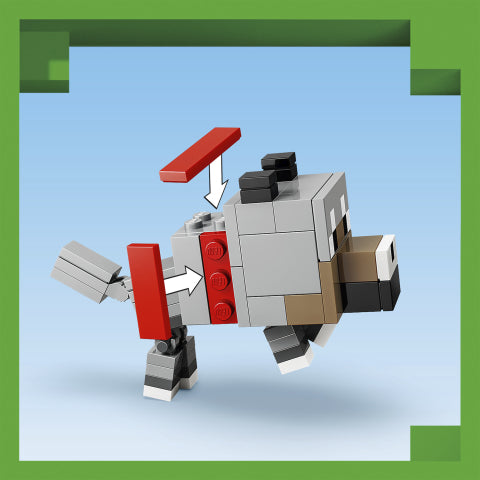 A blocky toy animal figure resembling a cow or pig, built from gray, white, black, brown, and red LEGO-style bricks, shown against a light blue gradient background with green corner accents.