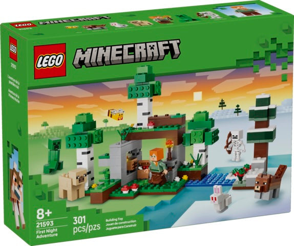 LEGO Minecraft First Night Adventure set 21593 building toy box, featuring a green box design with a colorful preview of a pixelated night scene including a player, sheep, wolf, skeleton, and trees.