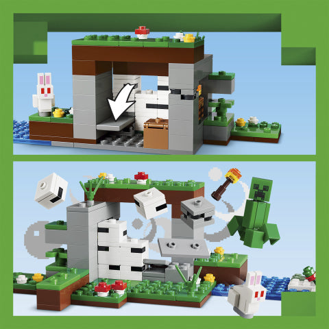A toy building-block set showing a Minecraft-style cave structure with a Creeper, white rabbit, sheep, and other blocky game elements, presented on a light blue background with a green border.