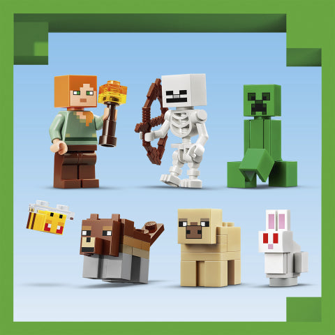 A set of Minecraft-themed building block minifigures arranged on a light blue background with a green decorative border. The figures include Steve, a skeleton with bow, Creeper, a bee, a wolf, a cow, and a rabbit.