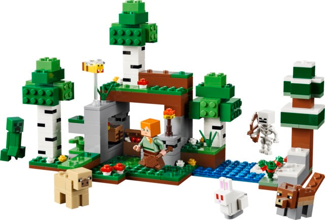LEGO Minecraft set with characters and structures on a white background