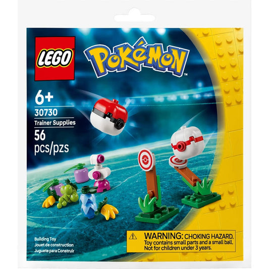 LEGO Pokémon Trainer Supplies set 30730 in its original retail packaging, featuring a Poké Ball and a grass-type Poké Ball on a blue stadium background with a yellow LEGO studs panel on the right.
