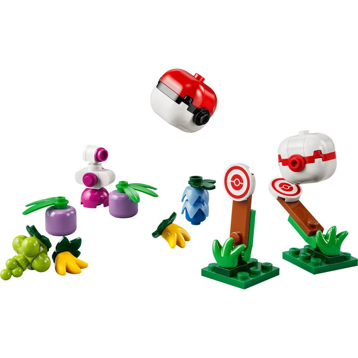 LEGO components including Poké Ball, Poké Ball Pro, and various Pokémon items on a white background