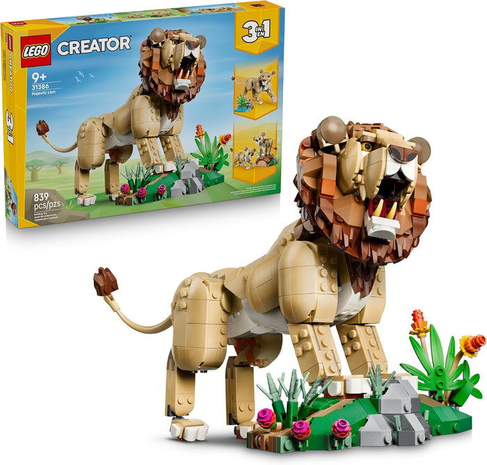 LEGO Creator 3-in-1 Lion King building set shown with the assembled tan lion model, small flower and rock accessories, and the retail box on a white background.