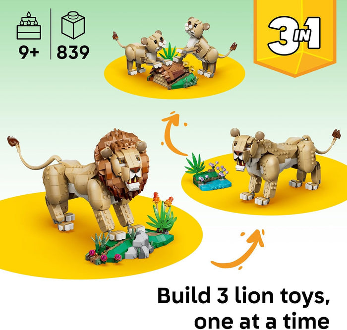A 3-in-1 building block toy set for lions, showing three different assembled lion figures on yellow circular bases with small landscape accessories. The image includes icons for age 9+, piece count 839, and a '3 in 1' badge, with text reading 'Build 3 lion toys, one at a time'.