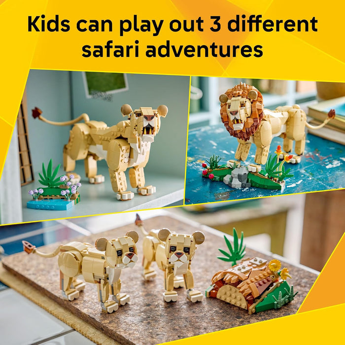 Promotional collage for a children's building set showing assembled lion figures in different safari-themed scenes, with the text 'Kids can play out 3 different safari adventures' on a yellow background.