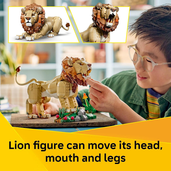 Child playing with a detailed lion figure made of building blocks, with close-up insets showing the figure's movable parts.