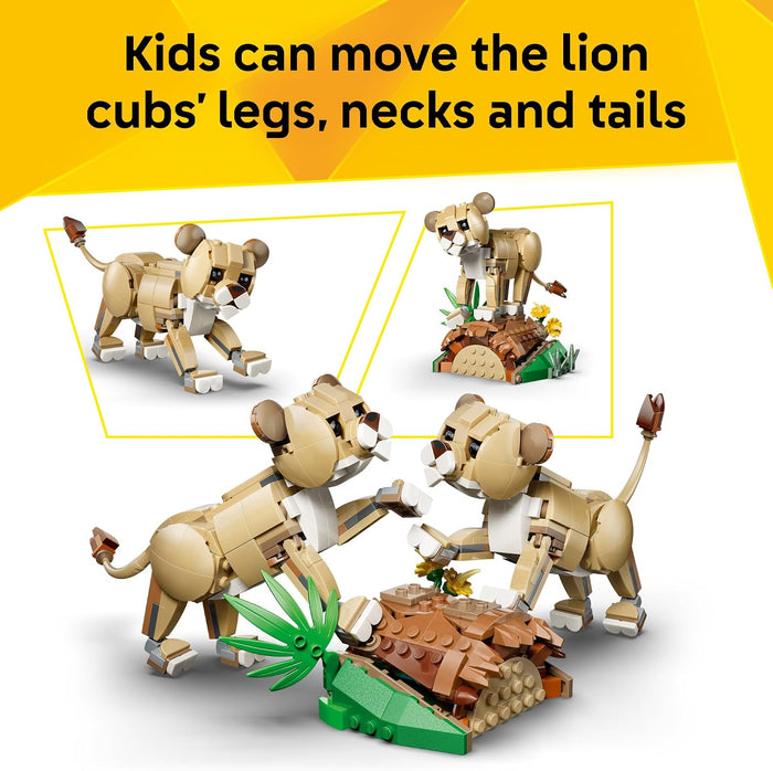 A set of toy lion cub figures made from interlocking building blocks, shown on a white background with a yellow header. The header text reads, 'Kids can move the lion cubs' legs, necks and tails.