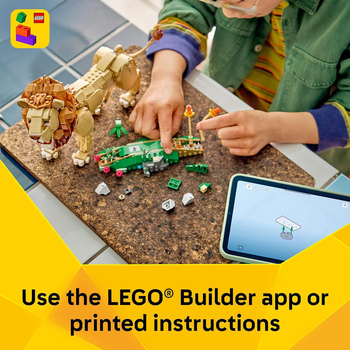 A child's hands building with LEGO pieces on a countertop, with a completed lion toy, loose green and gray bricks, a tablet showing the LEGO Builder app, and text reading 'Use the LEGO Builder app or printed instructions.' A LEGO logo badge appears in the top left.