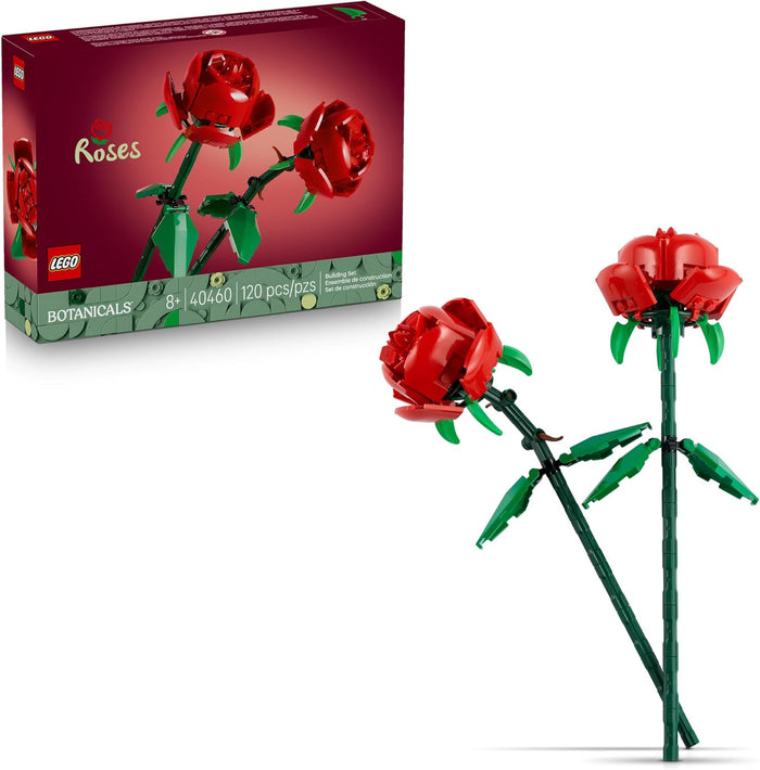 LEGO Botanicals Roses set with two red roses and packaging on a white background