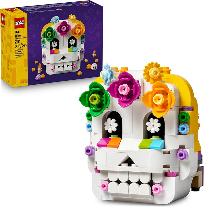 LEGO 41322 Day of the Dead skull building set, showing the assembled white skull model with colorful flower and gear details alongside its purple and yellow retail box on a white background.