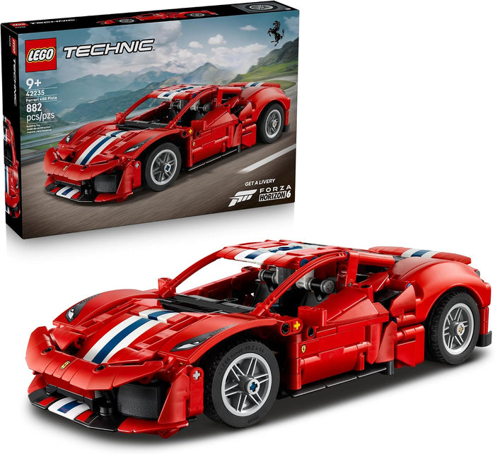 LEGO Technic Ferrari 488 PISTA Car building set, showing the assembled red brick sports car with blue and white racing stripes in the foreground and its retail packaging box behind it on a white background.
