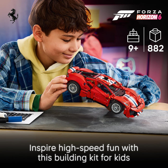 A young boy wearing a blue plaid shirt over a yellow hoodie holds a red LEGO® Ferrari 488 PISTA Car racing car model. The image includes the LEGO Ferrari 488 PISTA Car logos, age rating of 9+, piece count of 882, and a promotional text banner at the bottom.