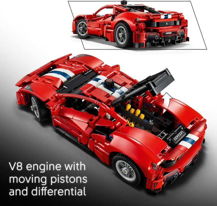 Red building block toy sports car shown from an elevated angle with the engine open, plus a smaller inset view of the full car in the top right. White text at the bottom reads 'V8 engine with moving pistons and differential.