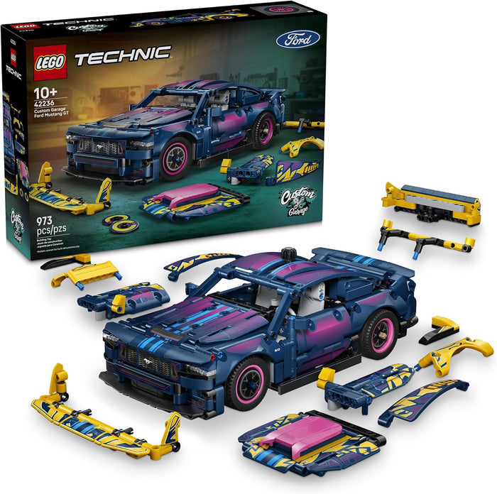 LEGO Technic Ford Mustang model kit with assembled car, multiple loose parts, and the retail box on a clean white background. The box shows the LEGO Technic and Ford branding.