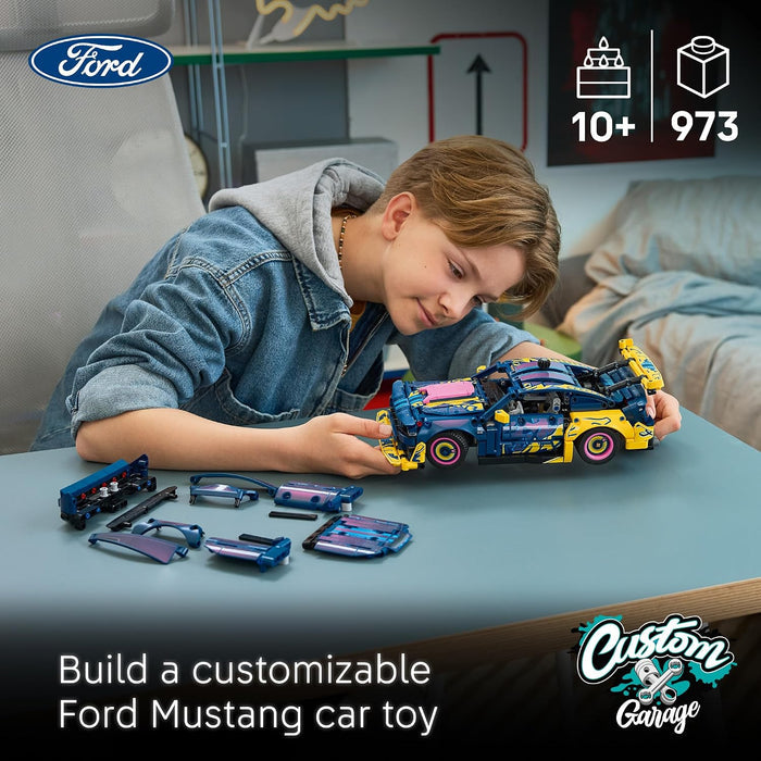 A child in a denim jacket sits at a table building a colorful custom Ford Mustang car toy set, with loose parts scattered on the table and product feature icons in the top right.