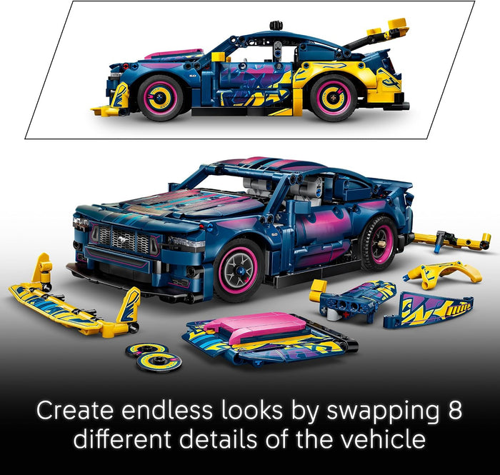 A multicolor toy sports car model shown assembled in the center, with several loose body panels and wheels arranged around it. A smaller inset at the top shows the car from a different angle.