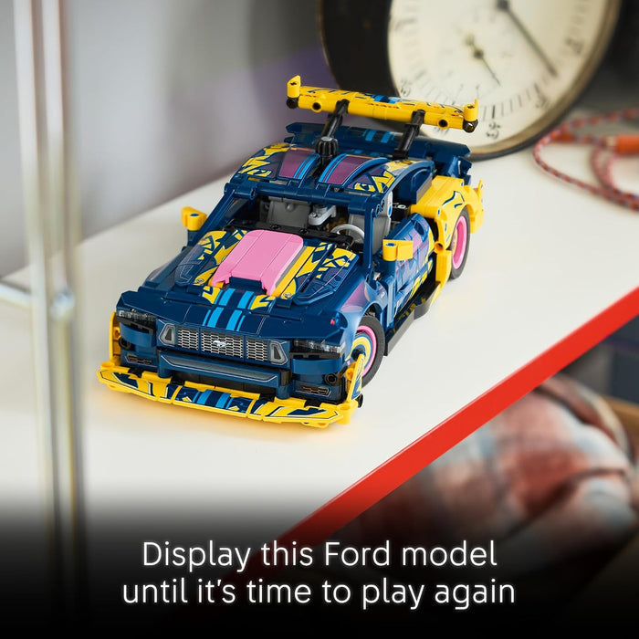 Toy model of a Ford car on a white surface with text indicating it's meant to be displayed.