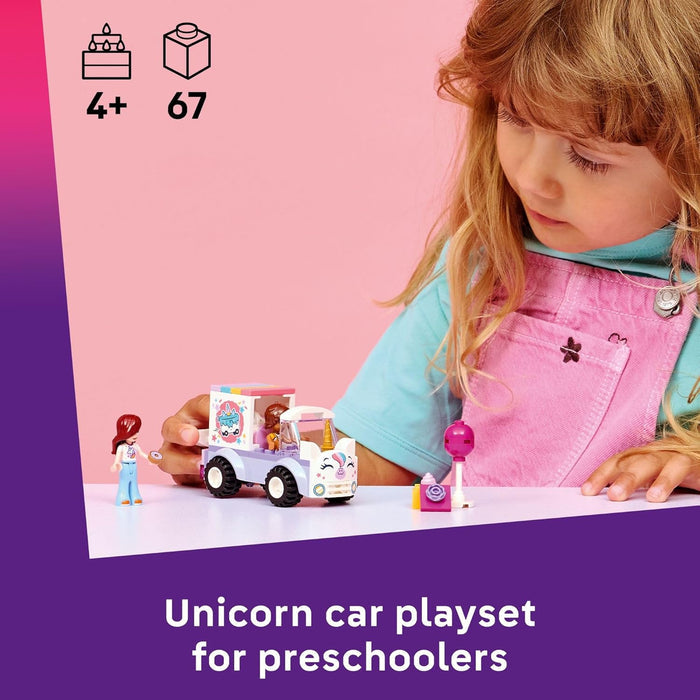 Child playing with a unicorn car playset on a pink and purple gradient background
