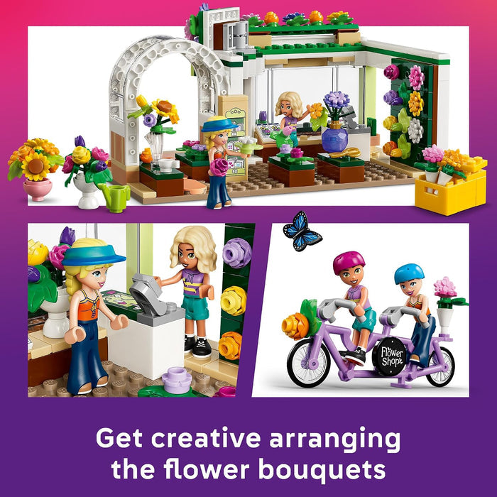 A promotional collage for a building-block toy set showing a flower shop set with small character figures, flower arrangements, and a purple tandem bicycle. The top large panel shows the assembled flower shop with plants, pots, and a character standing in front.