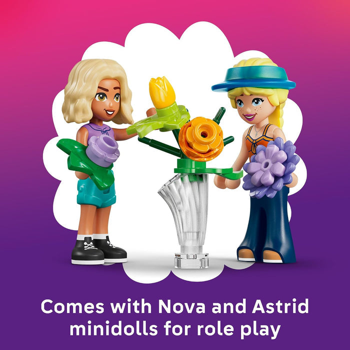 Two LEGO minidolls, Nova and Astrid, holding flowers with a purple gradient background.
