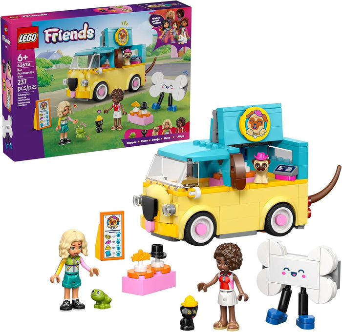 Let young animal lovers unleash their imagination with the LEGO Friends Pet Accessories Van (42678) building toy for girls and boys ages 6 years old and up. Kids can create tail-wagging adventures as they load the van, display accessories and put on a pet fashion show. The detailed toy playset encourages open-ended pretend play with 2 minidolls, Nova and Aliya, plus kitten, dog and frog animal figures and cute pet accessories.