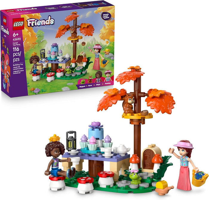 LEGO Friends 41480 Autumn Tea Tree set shown with its retail box and assembled toy. The set includes a small tea table with cupcake toppers, a tree with orange autumn leaves, a squirrel figure, a girl minifigure, and mushroom accents on a white background.
