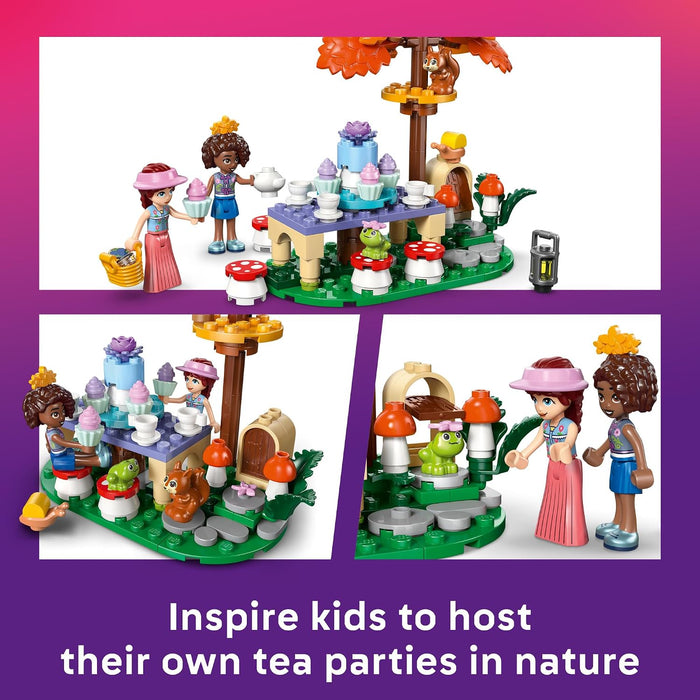 LEGO set with characters and tea party setup on a white background