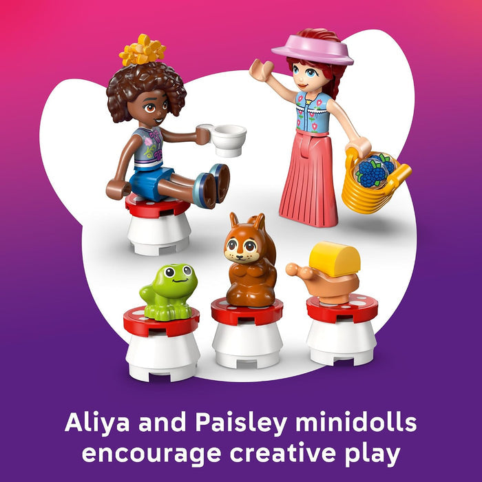 Toy minidolls with animals on a white base against a purple and pink gradient background