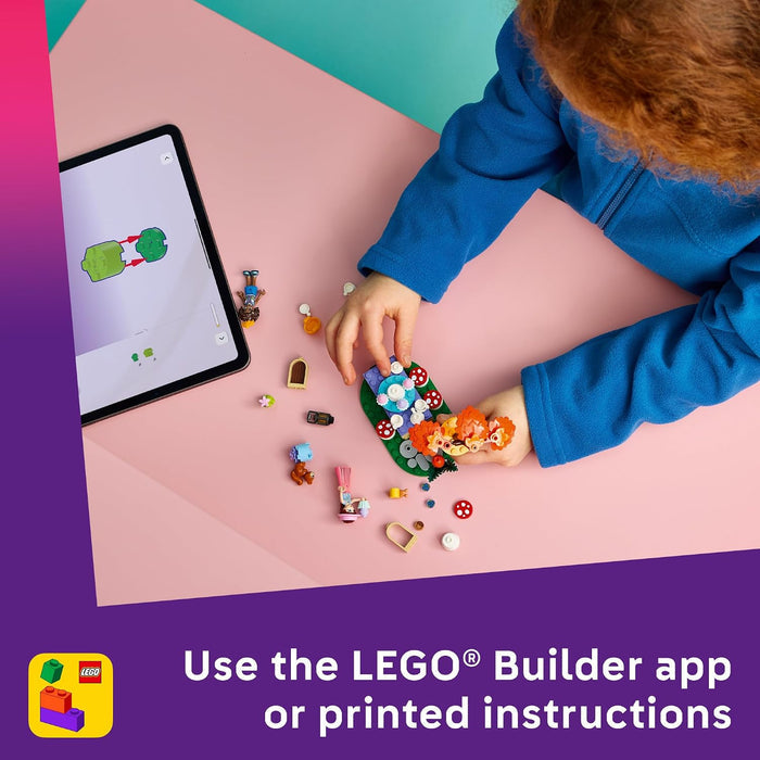 Child playing with LEGO bricks on a colorful table with a tablet displaying the LEGO Builder app.