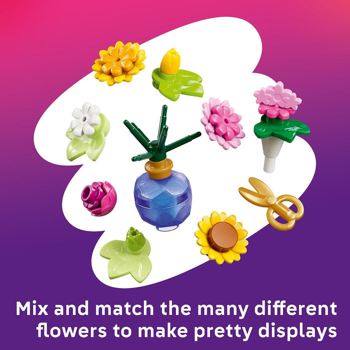 Set of colorful flower-shaped objects on a purple and pink gradient background with text.