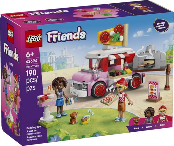 LEGO Friends Pizza Truck set packaging with characters and pizza truck illustration