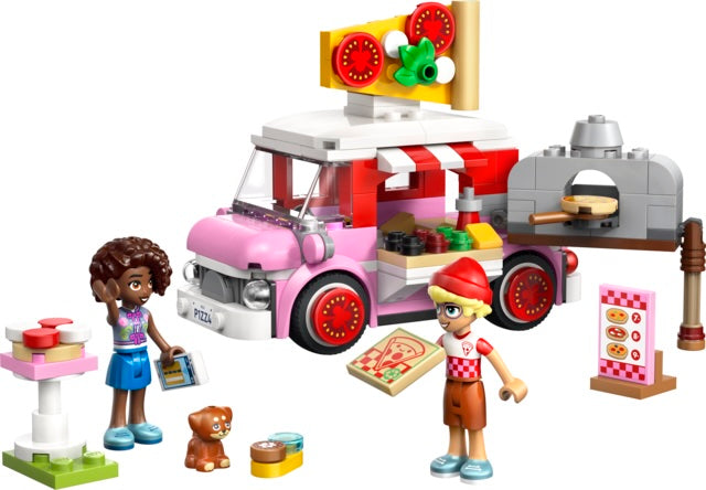 LEGO pizza truck set with two figures and a dog on a white background