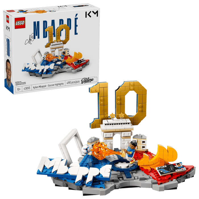 LEGO Mbappé set with packaging on a transparent background
