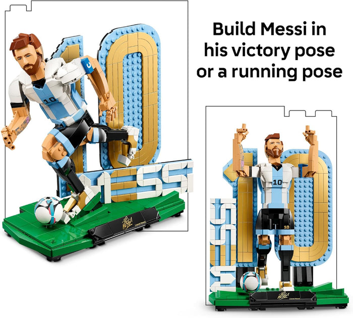 LEGO set of a soccer player in victory pose with packaging showing alternative pose options.