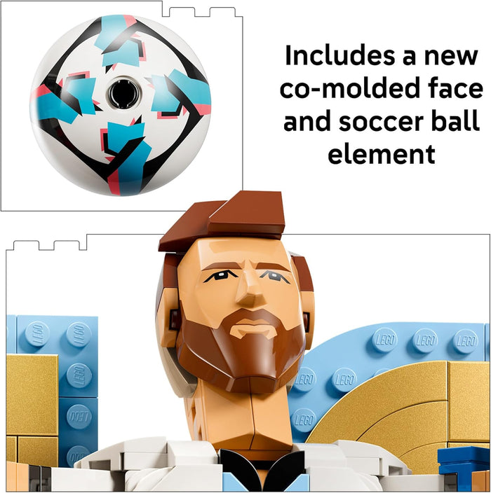 LEGO figure head with a soccer ball and text about a new co-molded face and soccer ball element.