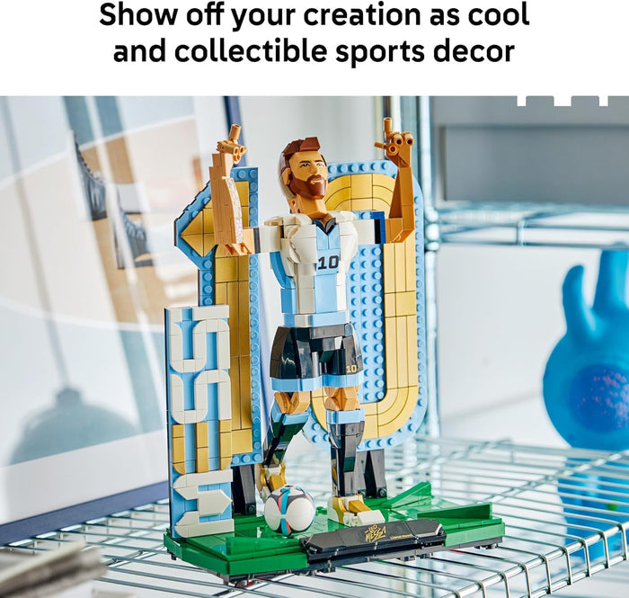 Lego-like sports figure on a shelf with promotional text