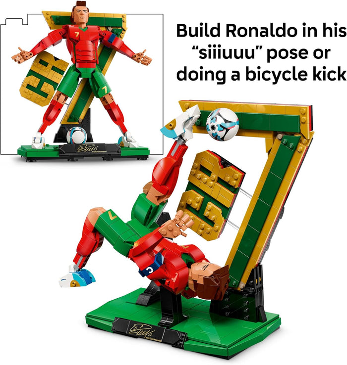 Toy figure of a soccer player in a dynamic pose with text on a white background