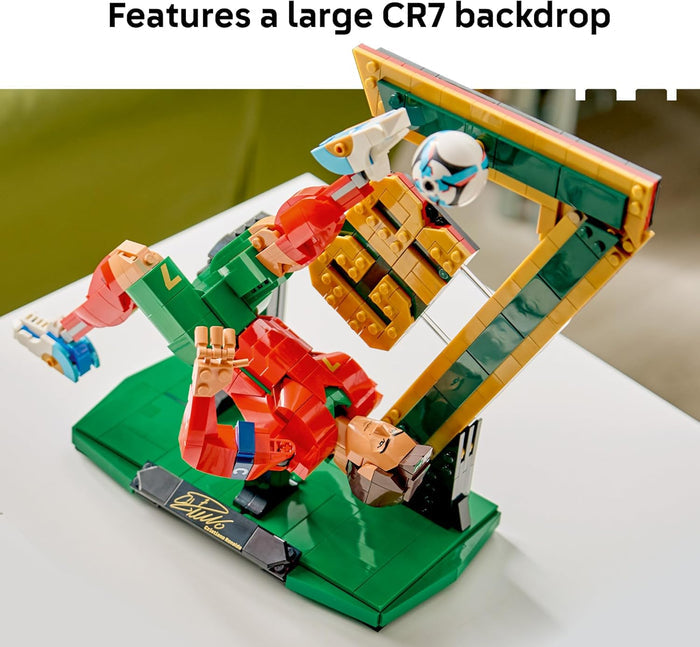 Toy figure with a large CR7 backdrop on a white surface