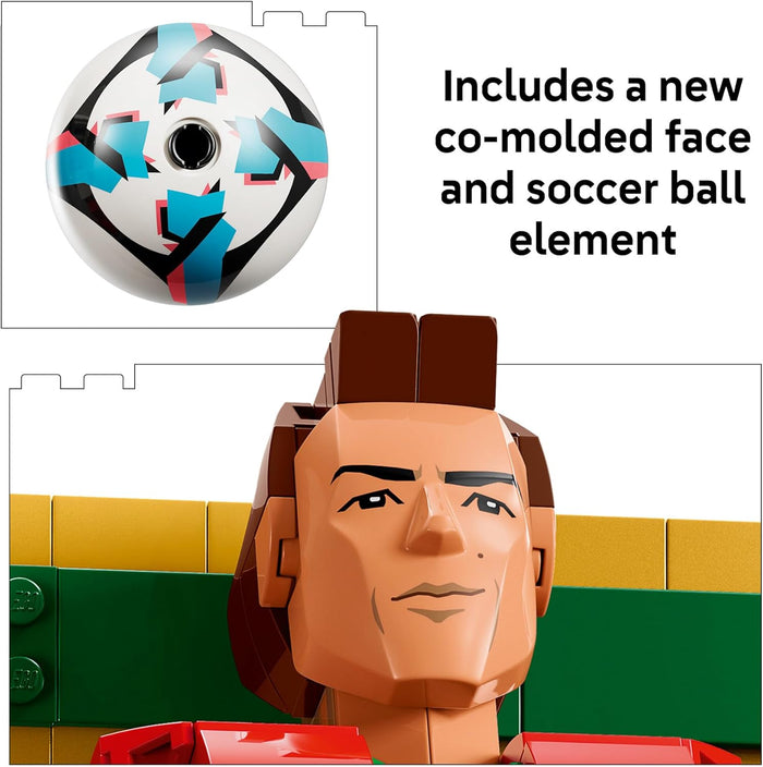 Toy figure head with a soccer ball element and text about a new co-molded face and soccer ball.